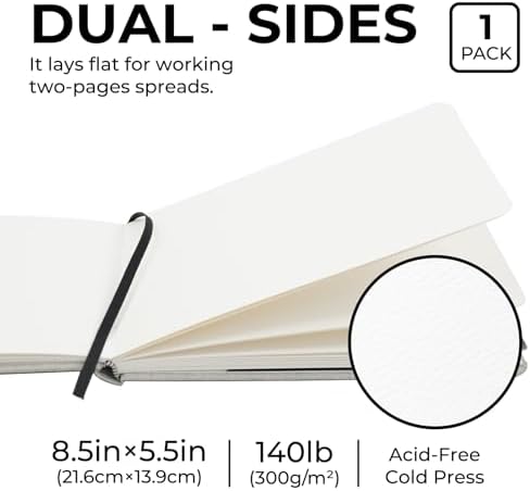 Funto Watercolor Journal, 8.5x5.5, 48 Pages, Cold-Pressed, Inner Paper Pocket and Elastic Band, Art Supplies for Mixed Media