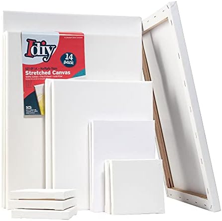 iDIY Stretched Canvas Board Multi Pack (Set of 14) - Sizes 4 x 4-12 x 16, 5/8" Variety Pack - Classic White Blank, Pre Primed for Oils or Acrylics, 100% Cotton, Acid Free - Professional Grade