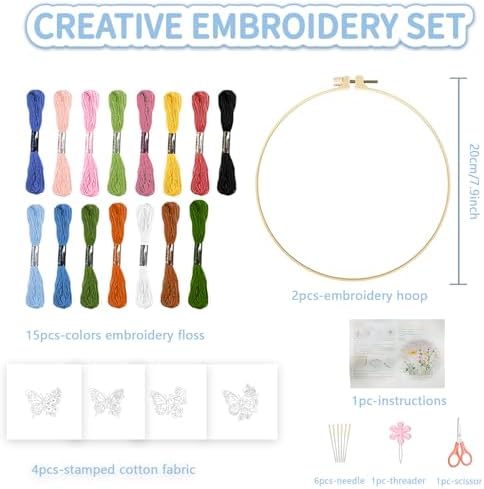 FREEBLOSS 4 Sets Embroidery Kit for Beginners Needlepoint Flower Butterfly Stamped Embroidery Starter Kit with Instructions, Needles, Threads, 2 Hoops 11.6"/29.5CM