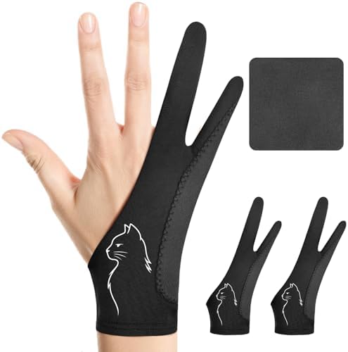 Profile Cat Drawing Glove: 3-Layer Palm Rejection for iPad & Drawing Tablet | Smooth-Glide & Breathable Artist Glove for Digital Art, Two-Finger Design, Fits Left & Right Hand, 2-Pack + Cleaning Cloth