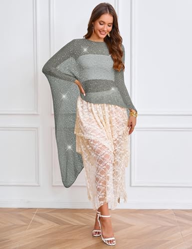 MAKABO Women's Crochet Sheer Poncho Top Lightweight Sparkly Shrug Pullover Knit Bolero Sweater Cover Up Beachwear