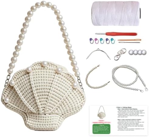 DIY Crochet Shell Purse Kit for Beginners – Handmade Yarn Bag Making Set with Two Pearl Chain Straps, 10mm Pearl Beads, Silver Hardware & Instructions – Easy Beginner Crochet Bag Craft Gift for Adults