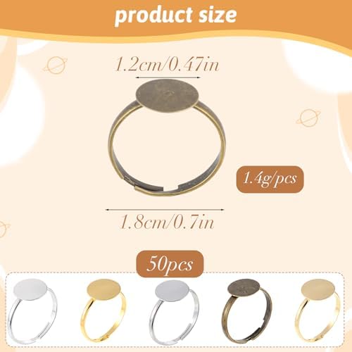 50Pcs Ring Blanks for Jewelry Making Supplies Adjustable Flat Ring Base, 12mm Rings Blanks Jewelry Findings, Silver Gold Rose Gold Black Craft Rings
