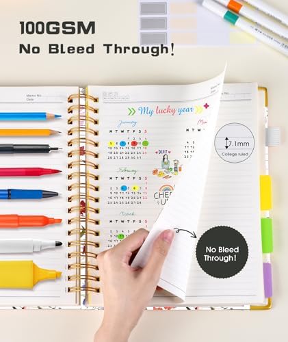 Hardcover Spiral Notebook Journal with Removable Dividers Tabs, 300 Pages 5 Subject Notebook College Ruled, 8"x10" Large Notebooks for Work School Note taking, Journal for Women, Flower White