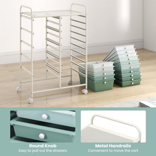 GOFLAME 15-Drawer Rolling Storage Cart, Craft Storage Cart with Removable Drawers & Lockable Wheels, Art Cart Supply Storage Organizer for Home Office Classroom, Green Gradient