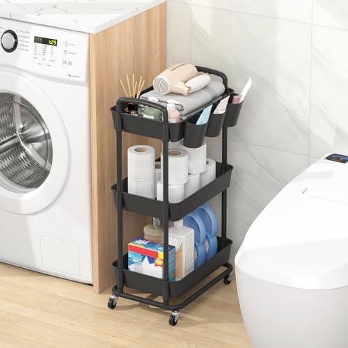 JIUYOTREE 3-Tier Plastic Rolling Storage Cart Utility Cart Black