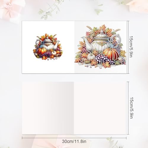 6 Pack Thanksgiving Diamond Painting Greeting Card Kits, DIY Fall Harvest Rhinestone Cards with Envelopes, Autumn-Themed Diamond Art Craft Set with Pumpkins, Corn, Grapes and Give Thanks Message
