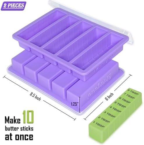 Silicone Butter Molds with Spatula and Lid, Non-Stick Butter Tray with Butter Knife, Reinforced Steel Frame Inside, Perfect for Making 5 Standard 8 Tbsp Butter Sticks, Energy Bar, 2 Pcs