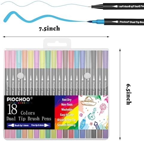 Piochoo 18 Colors Dual Tip Markers, Fine Point & Brush Tip for Adult Coloring Books, No Bleeding, Art Supplies