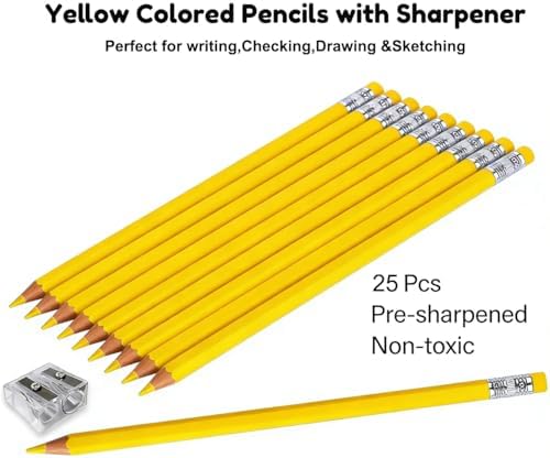 Adhere 25pcs Checking Pencils Erasable colored Pencils Pre-Sharpened #2 HB,for Checking Tests Grading,Map Coloring, editing Office Favors,including a Free sharpener. (Yellow)