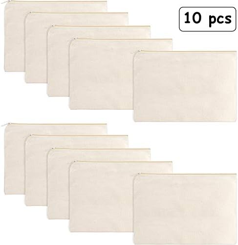 Gejoy 10 Pack Blank Canvas Cosmetic Bags Zipper Pouch DIY,M,Beige