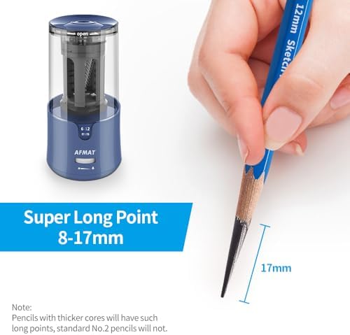 AFMAT Electric Long Point Pencil Sharpener for Artist, Auto Stop & Fast Sharpening, 8-17mm Super Long Point, Artist Pencil Sharpener Plug in for φ6-12mm Charcoal/Drawing/Sketching/Colored Pencils