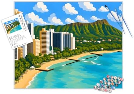 ARNLRDYA Hawaii Honolulu View Paint by Number Kits, Coastal Beach Scenery Paint by Numbers for Adults, City Travel Landscape Canvas Set Acrylic Painting for Gift Home Decor(16×20inch, Unframe)