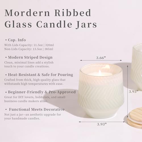 6 Pcs 13.5 OZ Creamy Large Candle Jars for Making Candles, Ribbed Unique Candle Jars, Glass Jars with Wooden Lids and Labels for Candle Making Supplies, Container, Home Decor, Gift