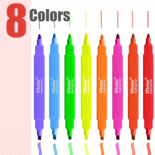 Vitoler Highlighters, Assorted Colors, 8 Pack Dual Tip Pastel Highlighters