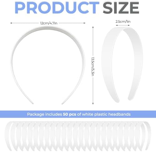 50 PCS 1 Inch Wide White No Teeth Plastic Headbands, Blank Plain DIY Hair Bands for Girls Women Craft Projects