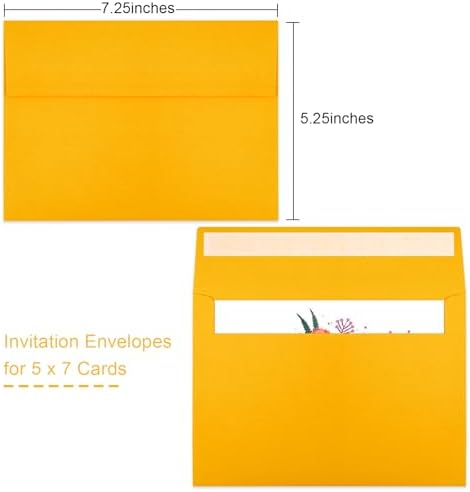 50 Packs Yellow 5x7 Envelopes 5x7, Fade Bright Yellow Color Envelopes Self Seal for Weddings, Photos, Greeting Cards, Mailing