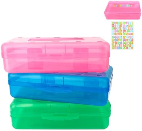 Blue Pink Green Hard Pencil Case Plastic Clear Pencil Box Crayon Box Organizer 3 Pack Office Supplies Storage Container Organizer Boxes for Pens Crayon School Stylish Office Supplies Storage Medium