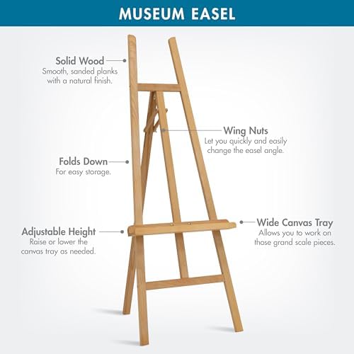 Studio Designs Museum Display Easel – Adjustable Solid Wood Stand for Painting, Sketching, Wedding & Event Signs, Posters, Photography, Home Decor – Foldable, Lightweight, 60–63” Natural Wood