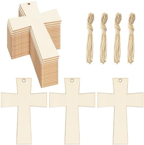 40Pcs Crosses Unfinished Wooden Gift Ornaments DIY Craft Activity Paintable Blank Natural Crosses Cutouts Hanging Wood Slices for Easter Sunday Kids Classroom Art Crafts Party Supplies