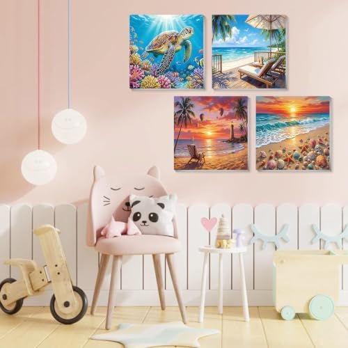 4 Pack Framed Paint By Numbers Kit for Adults, Beach Paint By Number Kits