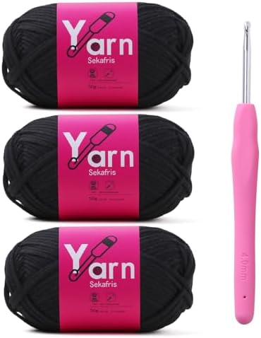 Crochet Yarn 150g/163.5yds Cotton Yarn for Crocheting - Crochet Knitting Yarn for Beginners with Easy-to-See Stitches - Yarn for Crocheting - Parfait Chunky Yarn -Cotton-Nylon Blend (Black)