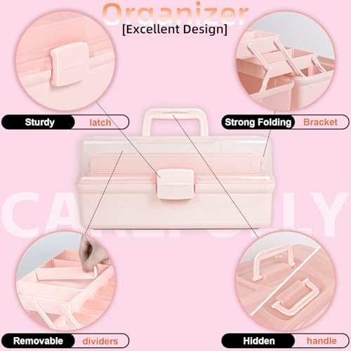 TERGOO 14in 3-Layer Multipurpose Craft Organizers and Storage with Adjustable Dividers, Portable Tackle Box, Folding Art & Craft Case for Medicine, Tool, Sewing Organizer (Pink, X-Large)
