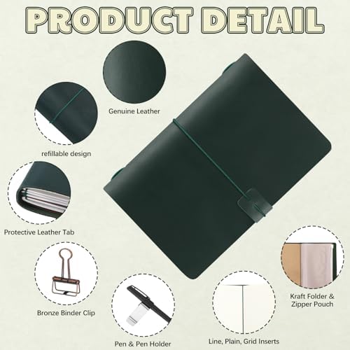 Thenshop Leather Travel Notebook 3 Inserts,Green,A5 Size