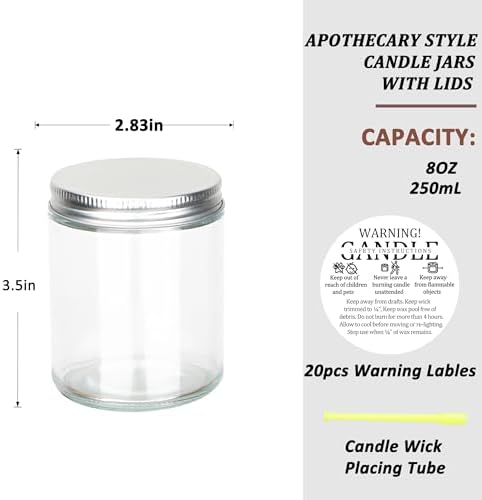 MILIVIXAY 20 Pack 8 OZ Thick Glass Clear Candle Jars with Silver Lids-Bulk Empty Candle Jars for Making Candles-Canning Jar for Spice, Liquid, Sample- Dishwasher Safe.
