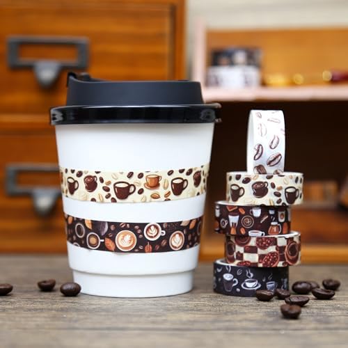 12 Rolls Washi Tape Set, Coffee Themed Decorative Tape Vintage Watercolor Brown Cafe Caffeine Masking Tape for Journaling Supplies,Junk Journal, Scrapbooking,Planner,DIY Arts & Crafts Supplies