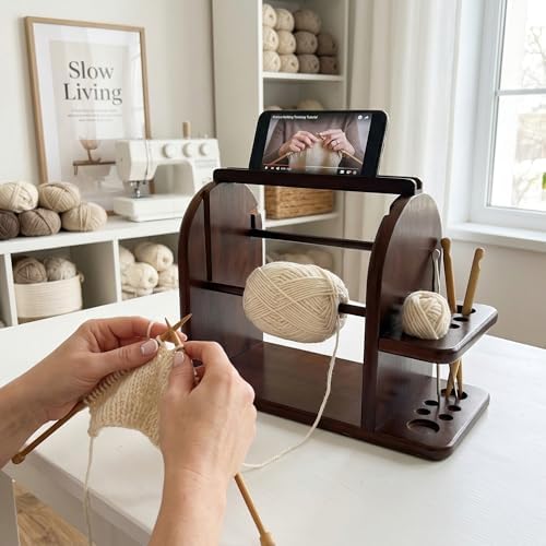 Yarn Holder for Crocheting, Wooden Yarn Spinner with Phone Stand, Dual Knitting Yarn Dispenser, Smooth Rotating Yarn Organizer with Tool Storage, Large Base Crochet Accessories Gifts for Mom