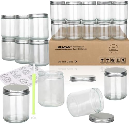 MILIVIXAY 20 Pack 8 OZ Thick Glass Clear Candle Jars with Silver Lids-Bulk Empty Candle Jars for Making Candles-Canning Jar for Spice, Liquid, Sample- Dishwasher Safe.
