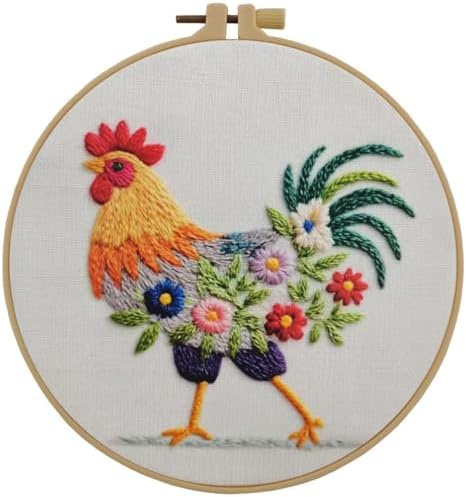 Esffaci Embroidery Starter Kit for Adult Beginner with Funny Rooster Flowers Pattern Hand Embroidery Set with Cloth Hoop Needle Threader Floss and Instruction