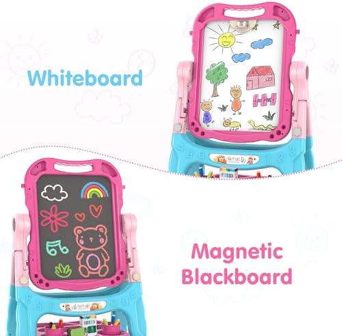Amagoing Easel for Kids, Adjustable Standing Art Easel for Toddler, Double Chalk Drawing Board with Painting Accessories, Birthday Christmas Gift Toy for Girls 3 4 5 Years Old