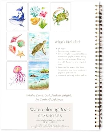 Seashore Watercolor Workbook – Ocean & Coastal Scenes with Pre-Outlined Pages, Step-by-Step Tutorials & Premium Cotton Cold Press Paper – Learn Watercolor for Beginners & Sea Life Art Lovers