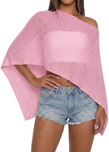 Women Sheer Knit Poncho Top Beach Cover Up Lightweight Crochet Shrug Y2k Summer See Through Shawl