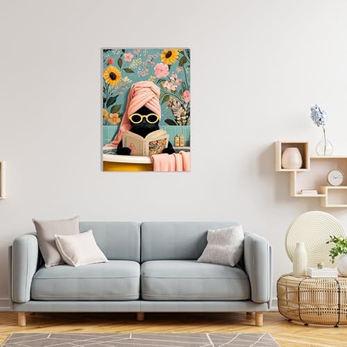 MAXBYE Paint by Numbers Kit for Adults with Frame and Wooden Easel, Easy Black Cat on Bathtub Painting Numbers Art Kits on Canvas, DIY Acrylic Painting Kit for Gift Home Wall Garden Decor 10×14 in