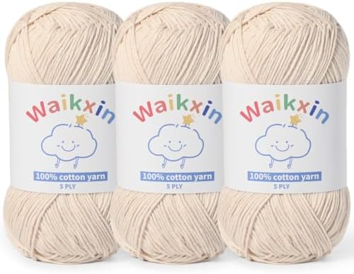 3 Pack of 100% Cotton Yarn for Crocheting,Baby Yarn for Crocheting Soft,5 Ply Milk Cotton Yarn,#2 Sport Weight Cotton Yarn,10.6oz/787.4yds Amigurumi Yarn for Puzzle,Clothes&DIY Crafts.(3 Beige)