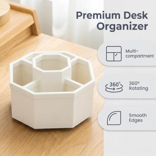 Jekelife 360 Degree Rotating Pen Holder,5-Compartment Desk Organizer,White