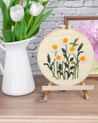ERKOON Punch Needle Kit Beginners Adults, DIY Easy Flower Embroidery Set for Starter Art Craft, Needling Punching Project with Patterns, Tools, Yarns, Hoop, Instruction (Daisy)