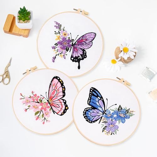 LB Butterfly Embroidery Kit for Beginners Adults, 3 Sets Hand Embroidery Starter Kit with Flower Pattern and Instructions Stamped Cross Stitch Kits Include Embroidery Hoop Needles Threads Scissors