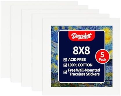 Canvas for Painting - 5 Pack 8x8 Painting Canvas Boards,Free Wall-Mounted Traceless Stickers,Durable Oil Painting Canvas,Suitable for Painting Supplies, Acrylic, Oil, Watercolor, and Tempera.