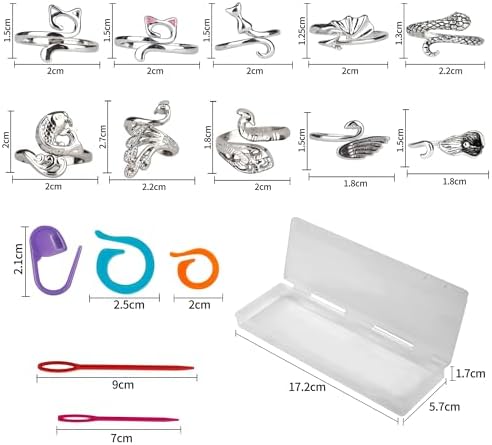 Varpotle 10Pcs Crochet Ring for Women with 45 Crochet Stitch Markers and 6 pcs Sewing Needles,Adjustable Open Crochet Tension Ring for Finger Crocheters Knitters,Stitch Markers for Crocheting