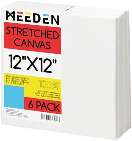 MEEDEN Stretched Canvas, 12 × 12 Inch, Pack of 6, Blank White Canvases for Painting, 100% Cotton, 12 oz Gesso-Primed, Pre-Stretched Canvas for Acrylic Oil Pouring & Airbrushing Painting