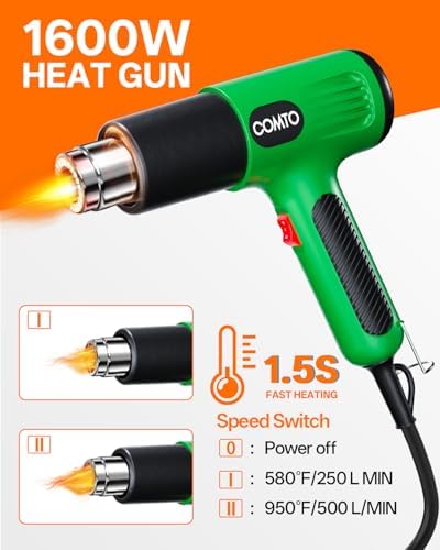 Heat Gun, 1600W Hot Air Gun with 2 Heat Settings, Green | 752°F/1112°F Dual Heat Control, 4 Metal Nozzles, Overheat Protection, PA66 Housing, 1.1lb Lightweight Design, Non-Slip Grip