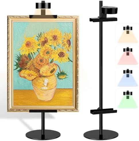 SelfTek Adjustable Desktop Photo Picture Frame Holder Stand with Magnetic Wall Painting Light - Metal Vertical Stand with 4 Color Temperature, Display Stand for Picture Frames, Artwork, Canvas