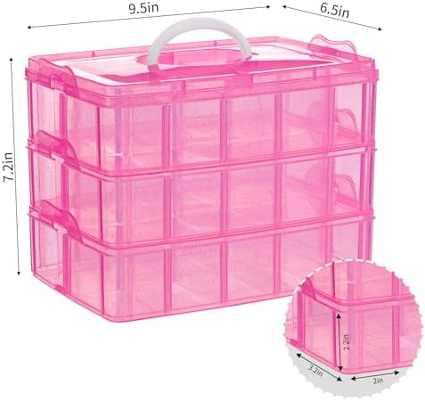 Bead Organizer 3 tier 30 grid Stackable Craft Hair Tackle Storage Pink | Stackable 3-Tier Design, Divided Compartments, for Beads Art Supplies Washi Tape Seeds Hair Accessories and Nails