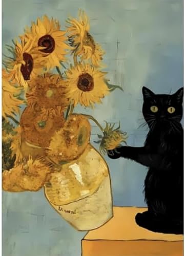 VeGuude Cat Diamond Art Kits for Adults, Full Drill Van Gogh Sunflowers Diamond Painting Kits for Beginners, DIY Full Rhinestone 5D Diamond dots (Gemstone Craft), Home Wall Decoration (12x16 inch)