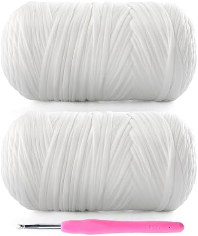 2 Pack T-Shirt Yarn for Crochet - 800 g/260 yds Elastic Fabric T-Shirt Yarn with 1 Crochet Hook (2, White)