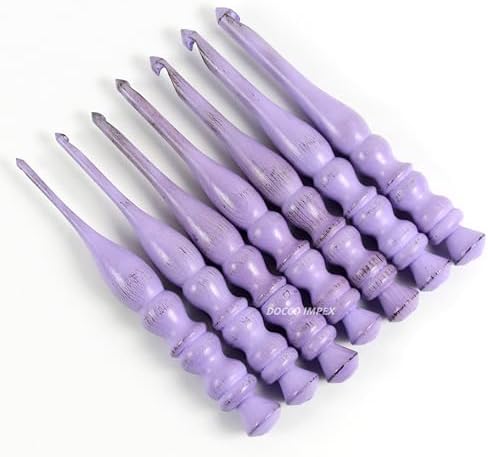 Handmade Ergonomic Wooden Crochet Hooks for Arthritic Hands (Set of 7) Needles for Yarn Accessories | Size 4 mm to 10 mm with Engraved | Yarn Tool (Purple)